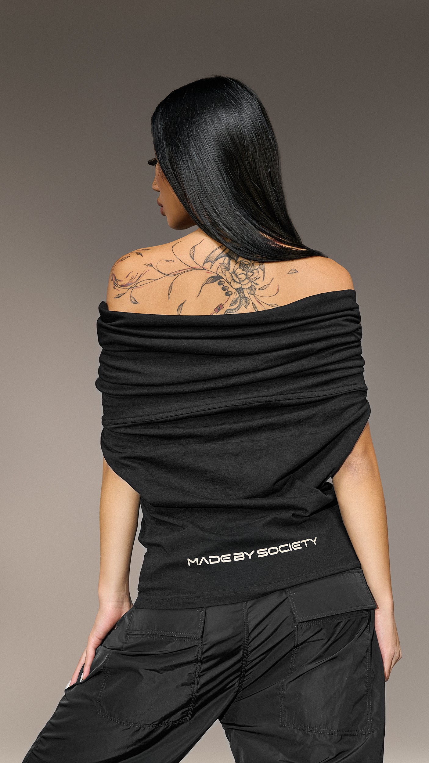 "Made By Society" Off-the-Shoulder Black Shirt - T25485